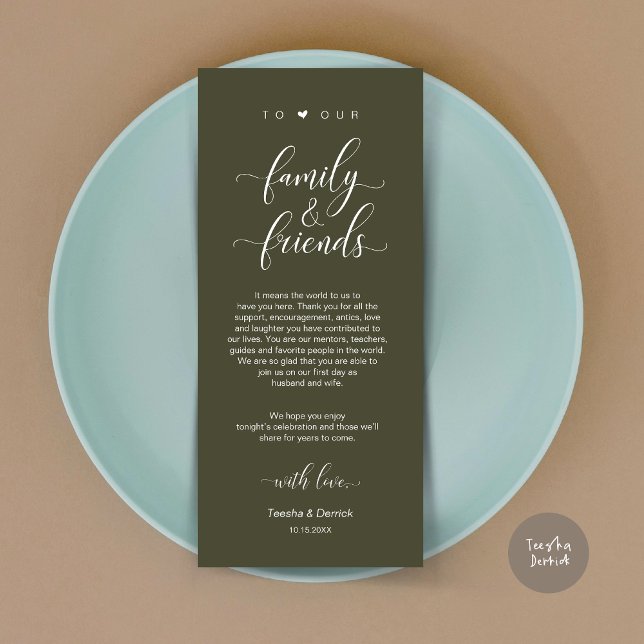 Programa Jante Place Setting Obrigado, Olive Green Card (Dinner Place Setting Thank You Card, Modern Classy Wedding, in Olive Green)