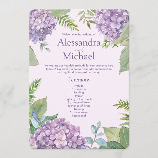Programa Lavanda de Aquarelas Hydrangea Flores Fern Weding (Frente)