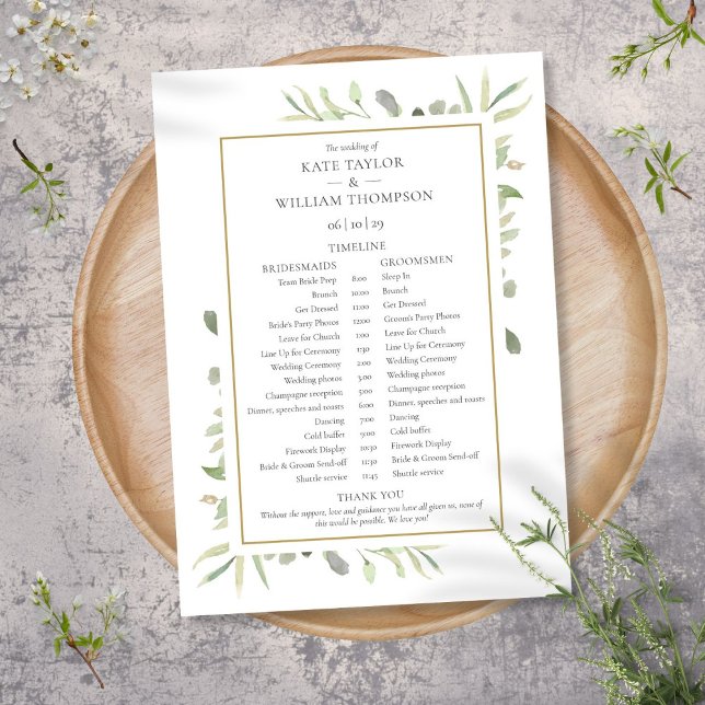 Programa Linha Cronológica da Programação de Casamento em G (Watercolor Greenery Wedding Schedule Timeline Program)