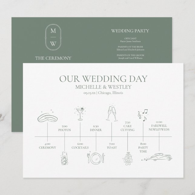 Programa Linha do tempo de casamento verde do Monograma Min (Frente/Verso)