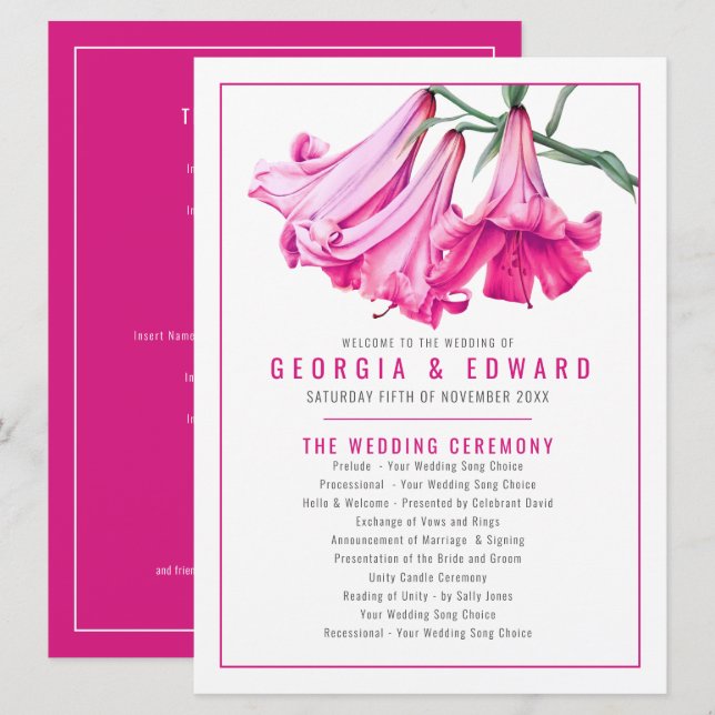 Programa Lírio trombeta rosa aquarela arte manual casamento (Frente/Verso)
