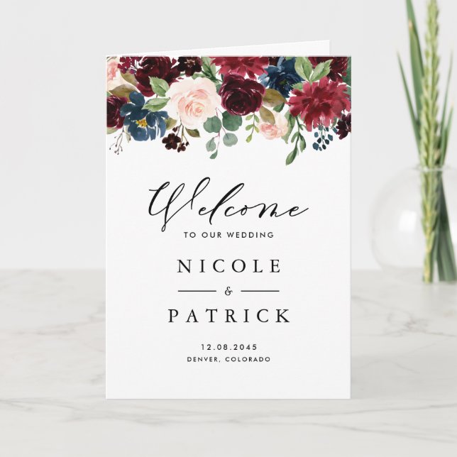 Programa Livrreto de Casamento com Flores Bordeaux e Azul e (Frente)