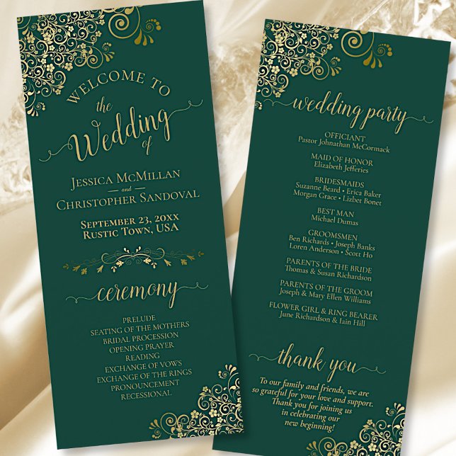 Programa Lugar Dourado do Ornamentado Elegante no Casamento (Front and Back)