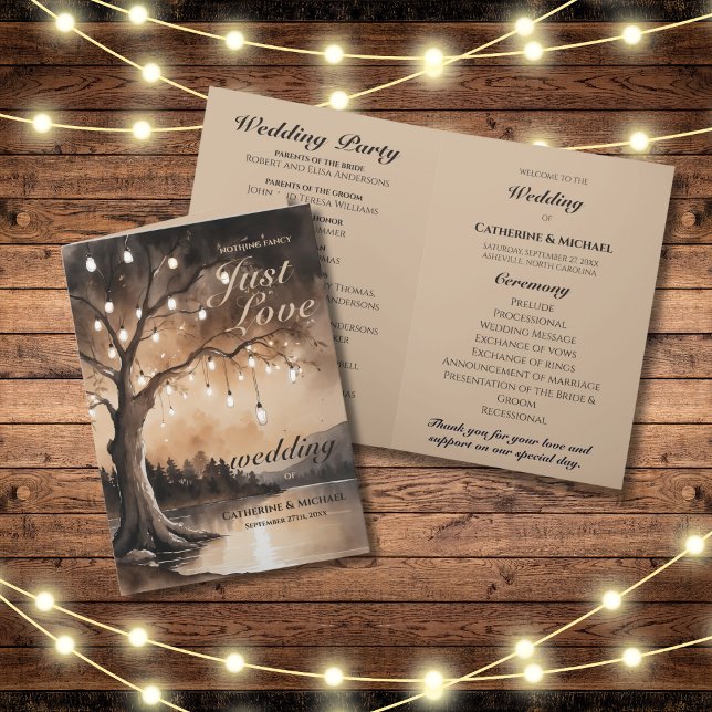 Programa Luzes de Corda na Árvore Casamento Rústico Românti (Flat lay barn wood fairy lights romantic country enchanted woodland forest light wedding program)