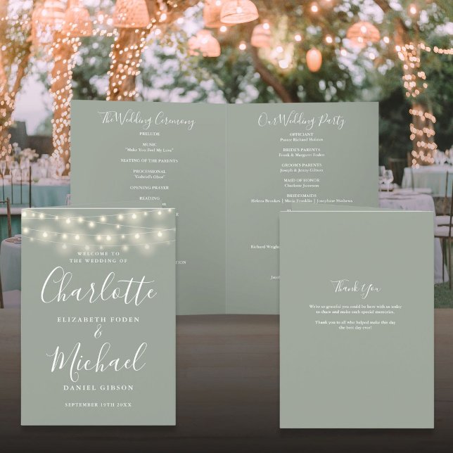 Programa Luzes de Corda Verde Salvia Casamento de Letra Ele (String Lights Sage Green Elegant Script Wedding Program)
