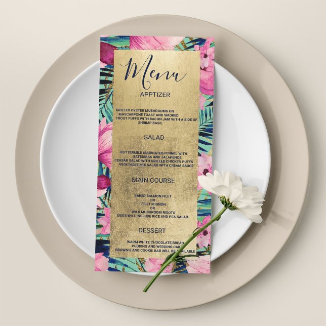 Programa Marinho azul-floral, cor-de-rosa-aqua (Pink aqua gold navy blue floral Wedding Menu)
