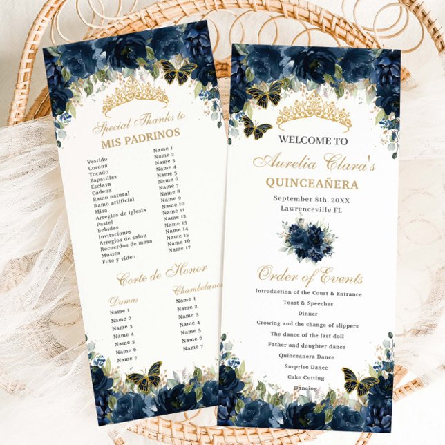 Programa Marinho Azul Floral Dourada Quinceañera Ordem do E (navy-blue-floral-gold-butterflies-quinceanera-sweet-16-birthday-slim-program-order-events-padrinos)