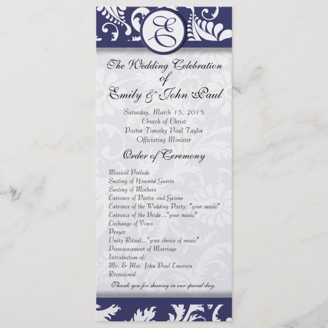 Programa Marinho Damask Swirls Wedding Program (Frente)