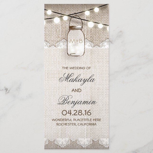 Programa Mason Jar String Lights Burlap Wedding Programs (Frente)