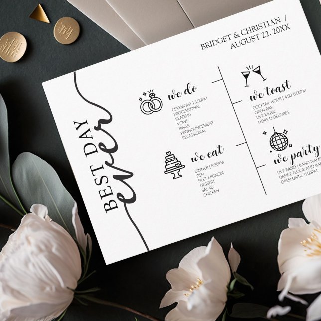 Programa Melhor dia do casamento elegante moderno (Best day ever modern elegant wedding timeline Program )