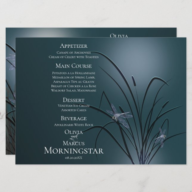 Programa Menu Casamento | Dragonfly Teal Dusty (Frente/Verso)