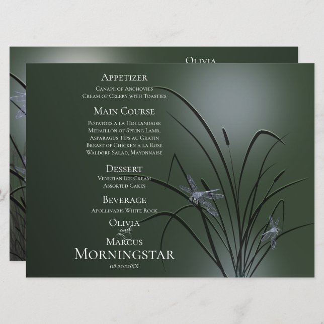 Programa Menu Casamento | Dragonfly Verde Sage (Frente/Verso)