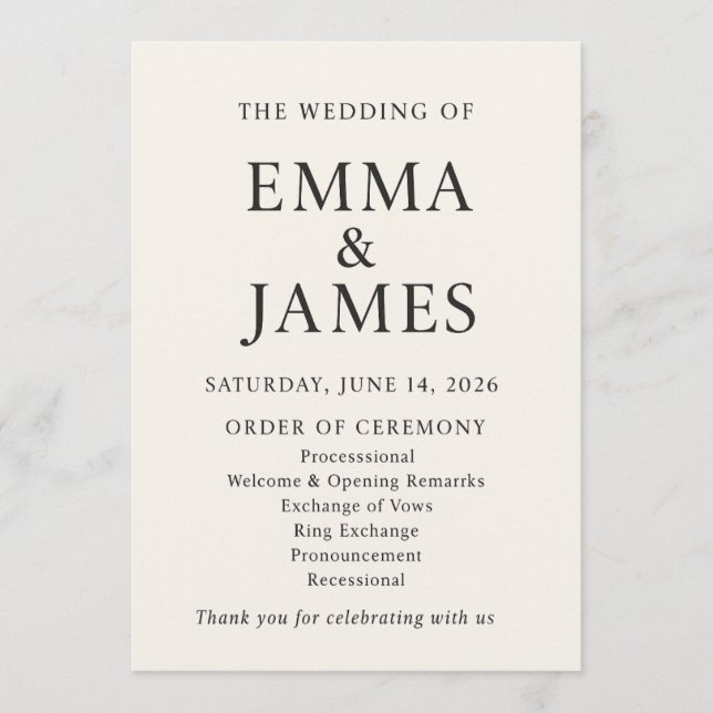 Programa Minimal Elegant Wedding Program | Ivory Ceremony (Frente)