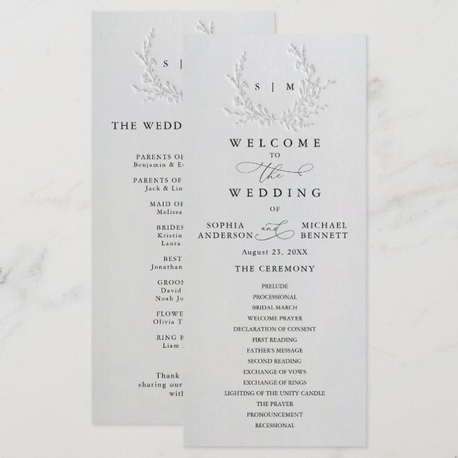 Programa Minimal Faux Blind Deboss Cotton Wedding Program (Frente/Verso)