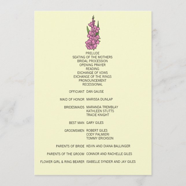 Programa Minimalista de Casamento Gladiolus Rosa (Frente)