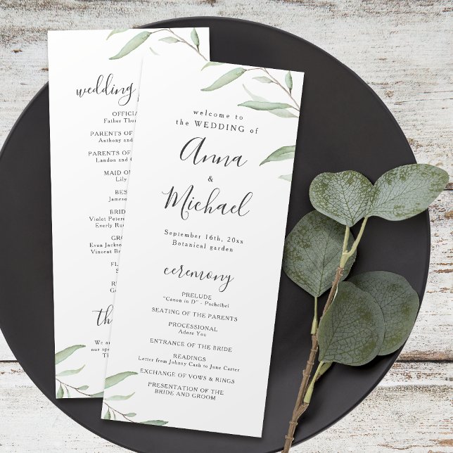 Programa mínimo de casamento rústico em verde (Minimal greenery rustic wedding program)