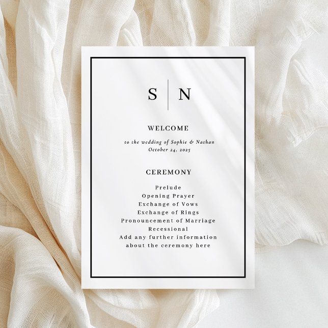 Programa Mínimo e Chic | Casamento de fronteira negra e bra (A minimal and chic wedding program in black and white, with your monogram)