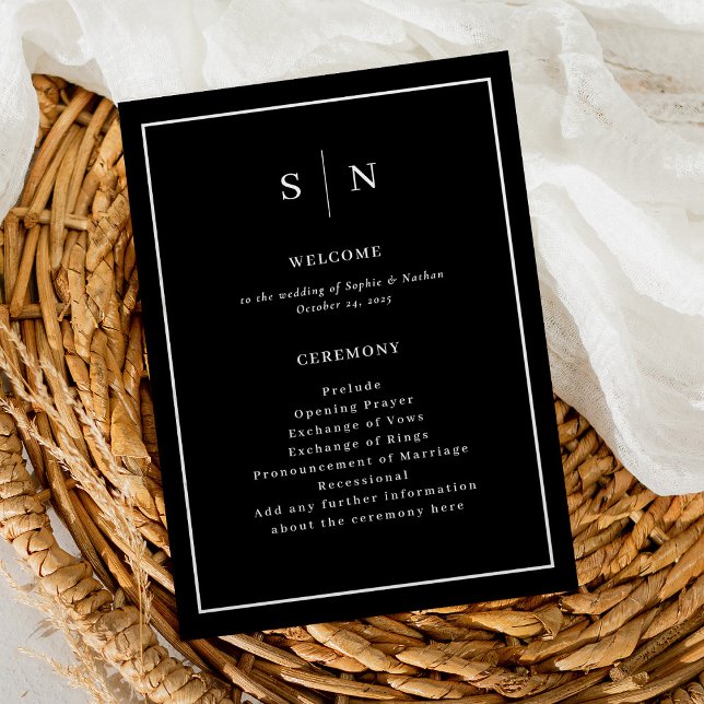 Programa Mínimo e preto-chico | Casamento fronteiriço elega (A minimal and chic, dark black wedding program with your monogram)
