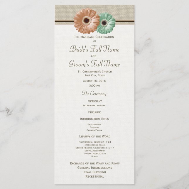 Programa Mint e Peach Gerbera Daisy Wedding Program (Frente)