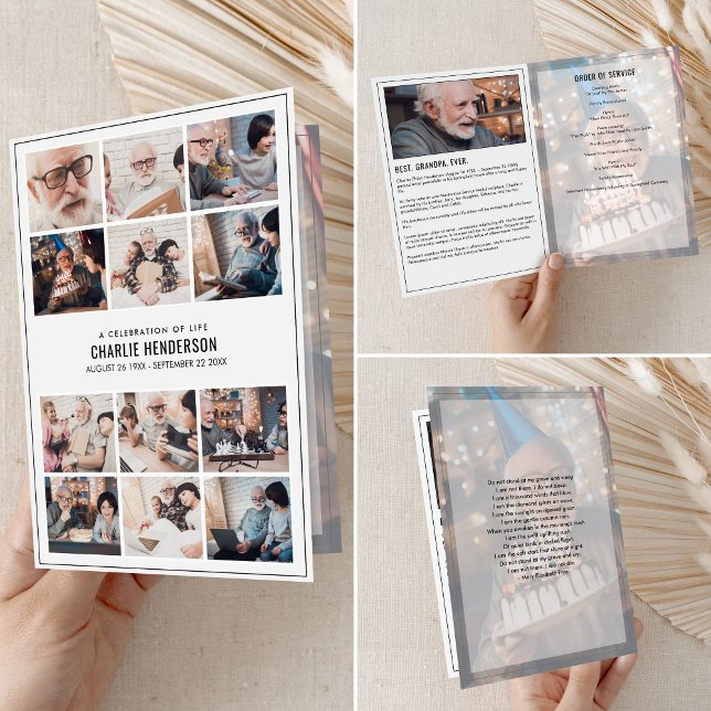 Programa Modern 15-Photo Funeral Program With Bio & Poem (Criador carregado)