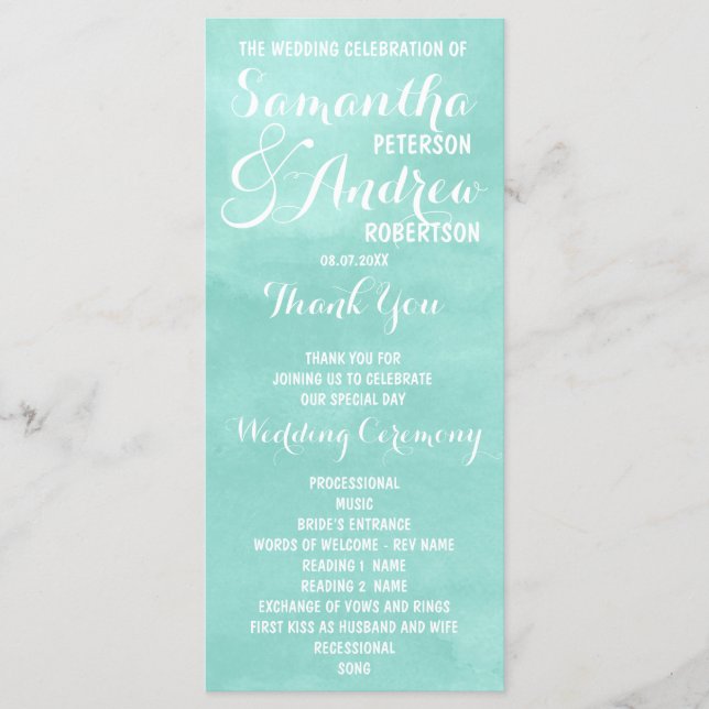 Programa Modern aqua green watercolor Weding Progr (Frente)