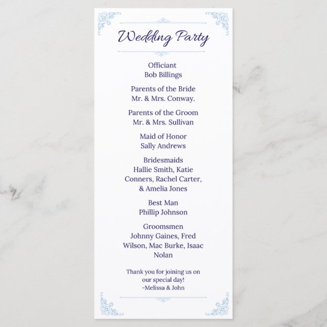 Programa Modern Blue Wedding Program French Country (Verso)