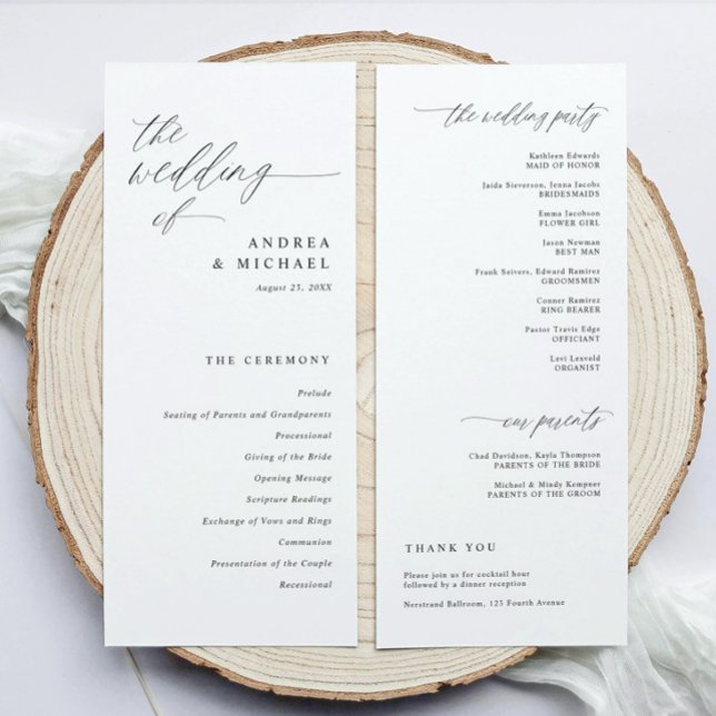 Programa Modern Ceremony Script Calligraphy Elegant Wedding (Elegant wedding programs in modern black and white calligraphy script.)