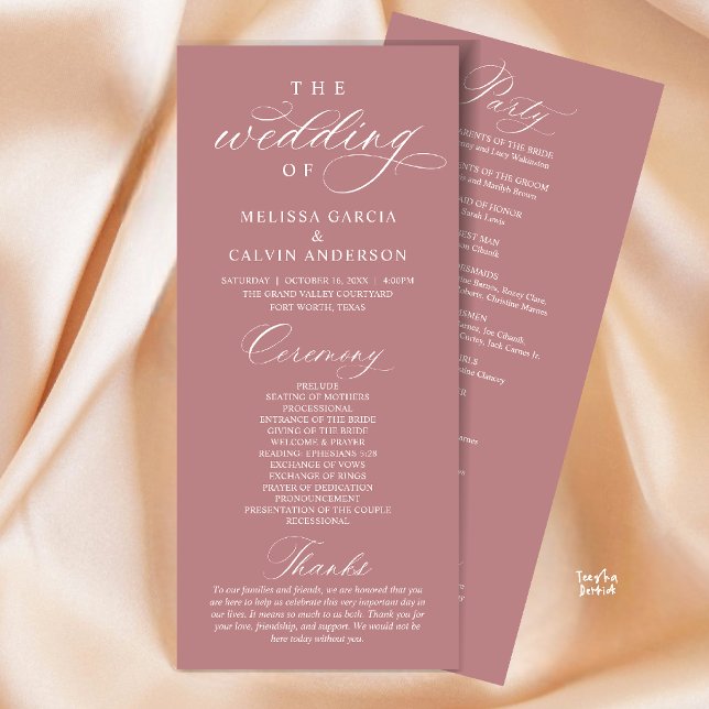 Programa Modern Classy Elegant Wedding Ceremony (Modern Classy Elegant Wedding Ceremony Program card dusty rose pink)