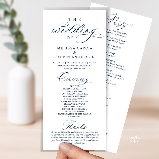 Programa Modern Classy Elegant Wedding Ceremony (Modern Classy Elegant Wedding Ceremony Program card navy blue)