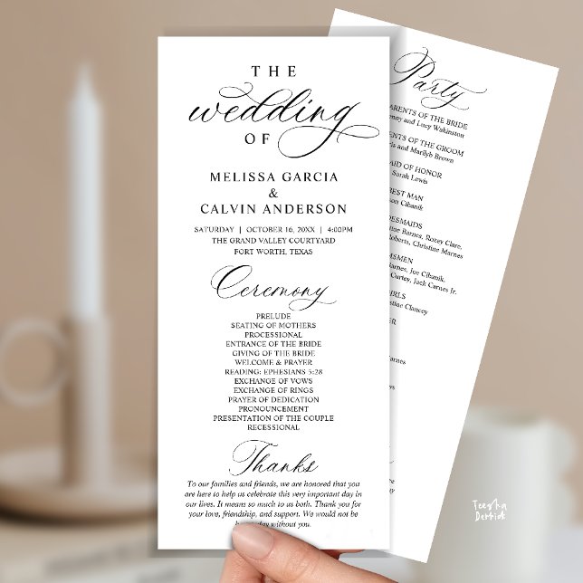 Programa Modern Classy Elegant Wedding Ceremony (Modern Classy Elegant Wedding Ceremony Program card black and white)