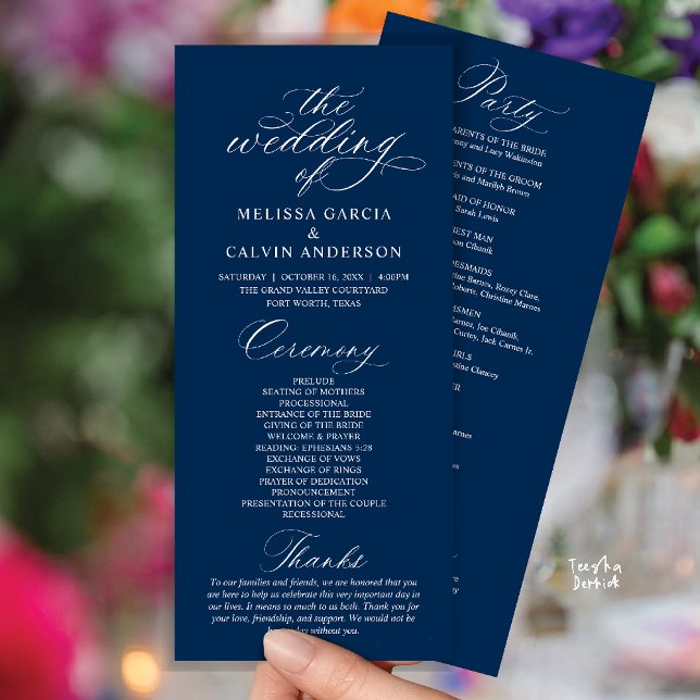 Programa Modern Classy Elegant Wedding Ceremony (Modern Classy Elegant Romantic Wedding Ceremony Program Card in Navy Blue)