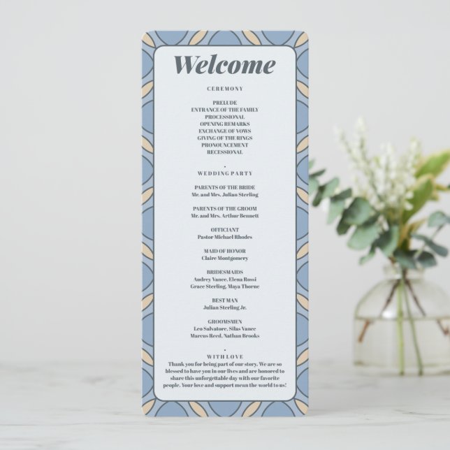 Programa Modern Dusty Blue Art Deco Wedding Program Card (Em pé/Frente)