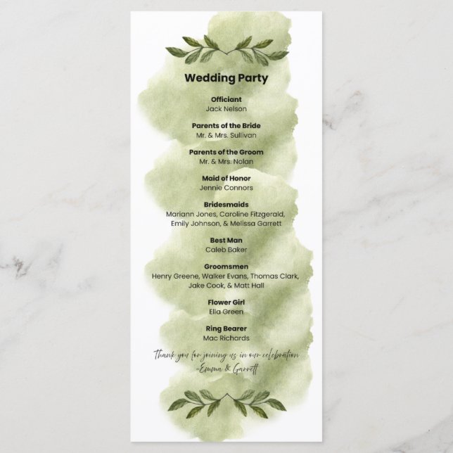 Programa Modern Green Leaf Minimalist Wedding Program (Verso)