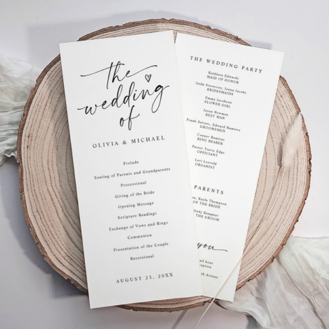Programa Modern Handwriting Black & White Wedding Ceremony (Modern black and white wedding program with elegant script, heart, and ceremony details.)