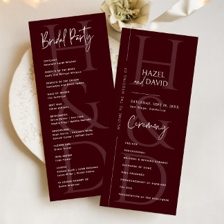 Programa Modern Minimalist Burgundy Monogram Wedding
