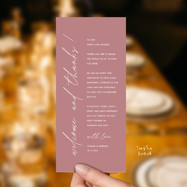 Programa Modern Minimalist Wedding Reception Thank You Card (Modern Minimalist Wedding Reception Dinner Thank You Card in dusty rose pink)