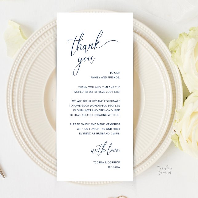 Programa Modern Minimalist Wedding Reception Thank You Card (Modern Minimalist Wedding Reception Thank You Card in Classy Navy Blue)