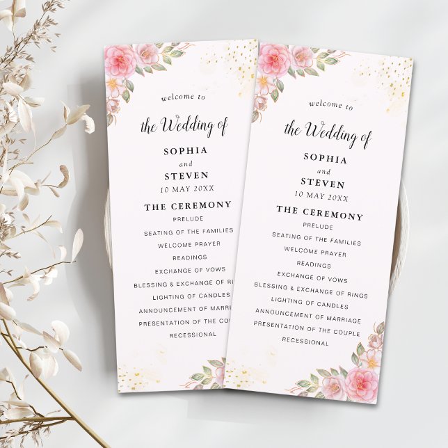 Programa Modern Pink Floral Wedding Party with Golden Touch (Criador carregado)