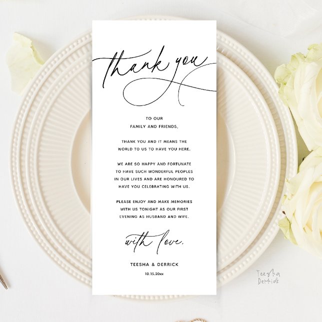 Programa Modern Romantic Wedding Dinner Thank You Card (Modern Romantic Wedding Reception Dinner Thank You Card in black and white)
