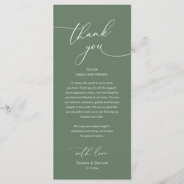 Programa Modern Romantic Wedding Reception Thank You Card (Frente)
