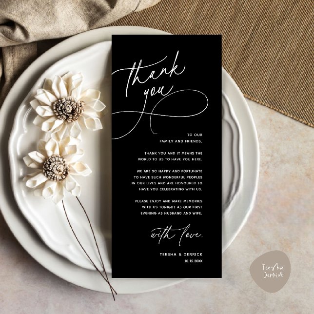 Programa Modern Romantic Wedding Reception Thank You Card (Modern Romantic Wedding Reception Dinner Lunch Brunch Thank You Card in Black and white)