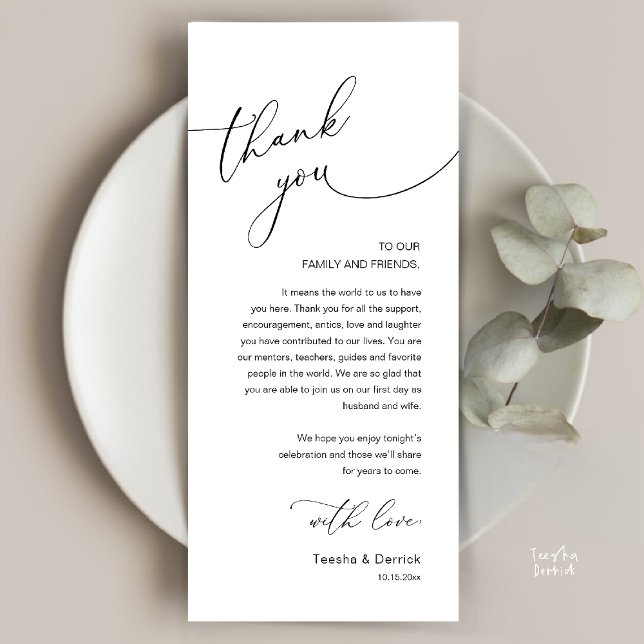 Programa Modern Romantic Wedding Reception Thank You Card (Modern Romantic Wedding Reception Thank You Card, plate decoration, in Black and White)