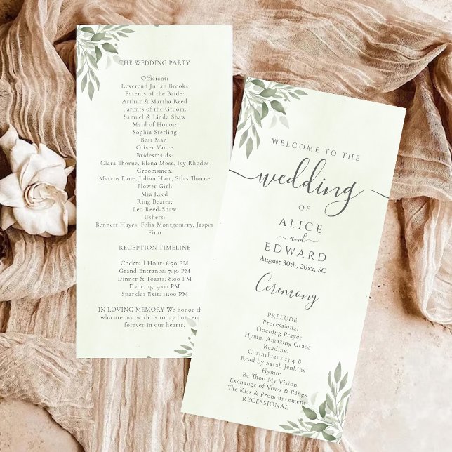 Programa Modern Sage Greenery Wedding Program Car (Criador carregado)