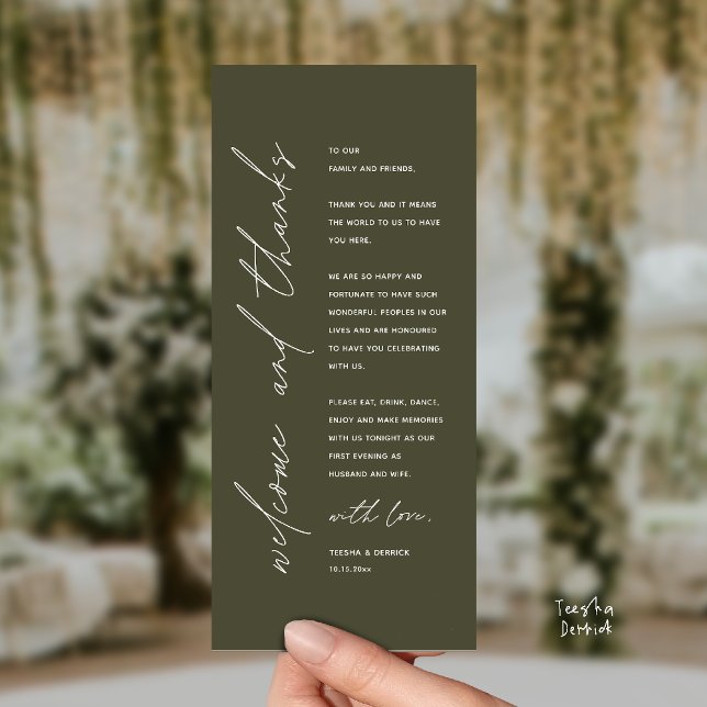 Programa Modern Wedding Reception Dinner Thank You Card (Welcome and thanks, Modern Wedding Reception Dinner Thank You card, family friends in olive green)