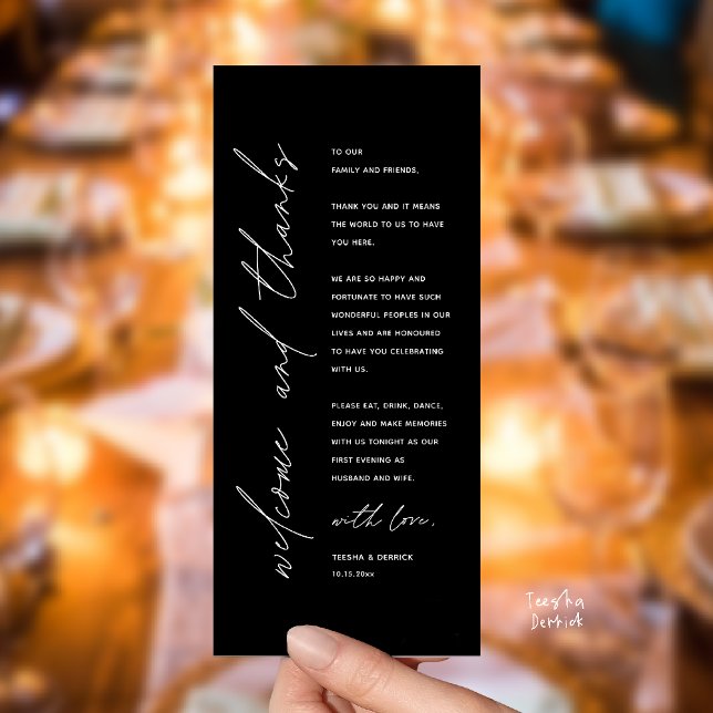 Programa Modern Wedding Reception Dinner Thank You Card (Welcome and thanks, Modern Wedding Reception Dinner Thank You card, family friends in white black)