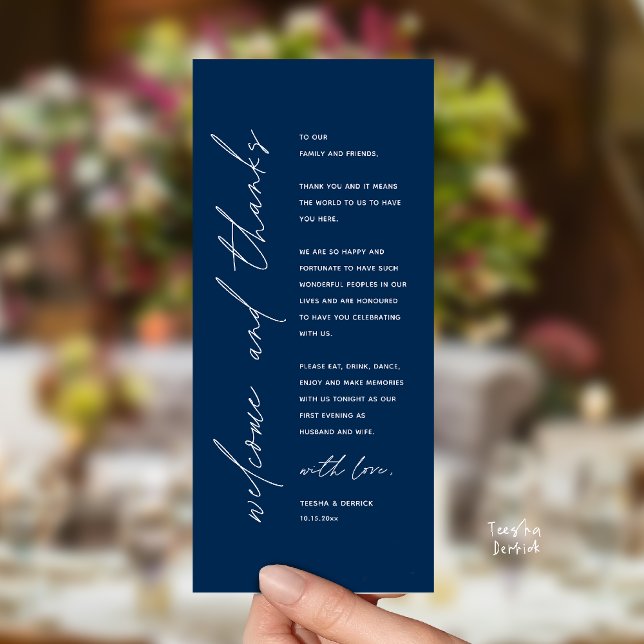 Programa Modern Wedding Reception Dinner Thank You Card (Welcome and thanks, Modern Wedding Reception Dinner Thank You card, family friends in navy blue)