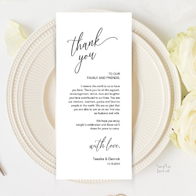 Programa Modern Wedding Reception Dinner Thank You Card (Modern Wedding Reception Dinner Thank You Card in Black and White)