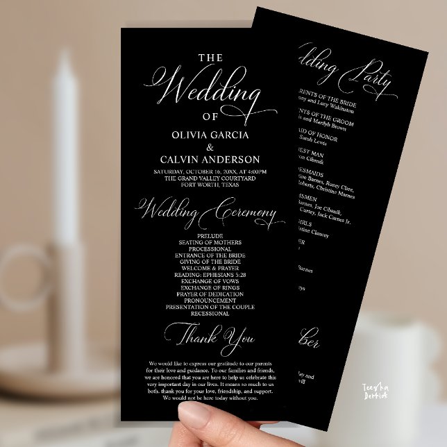 Programa Moderna Ordem de Cerimônia de Casamento Elegante e (Modern Elegant Classy Wedding Ceremony Order Program Card in black and white)