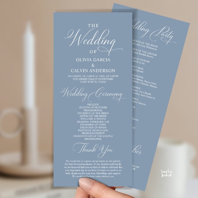Programa Moderna Ordem de Cerimônia de Casamento Elegante e (Modern Elegant Classy Wedding Ceremony Order Program Card in dusty blue)