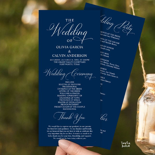 Programa Moderna Ordem de Cerimônia de Casamento Elegante e (Modern Elegant Classy Wedding Ceremony Order Program Card in Navy Blue)